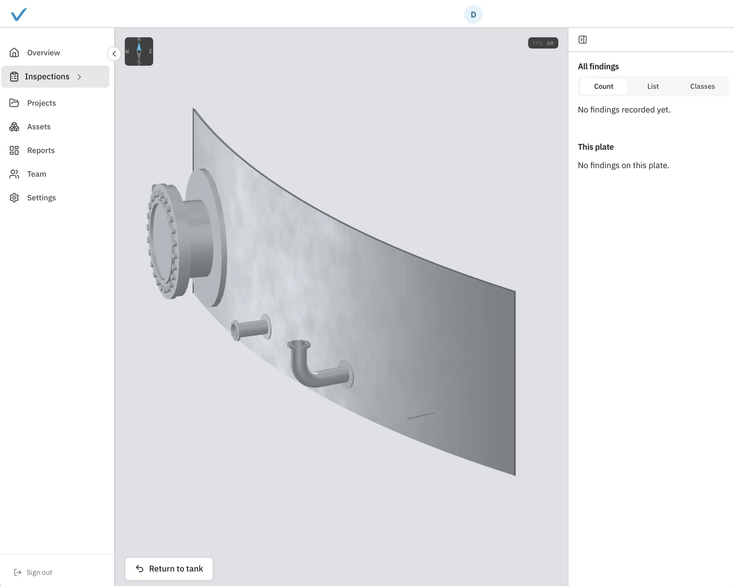 The Verified inspection app showing an interactive 3D view of a tank shell plate with nozzles and a manway
